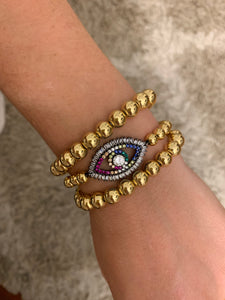 Gold Beaded Bracelet with Rainbow Evil Eye