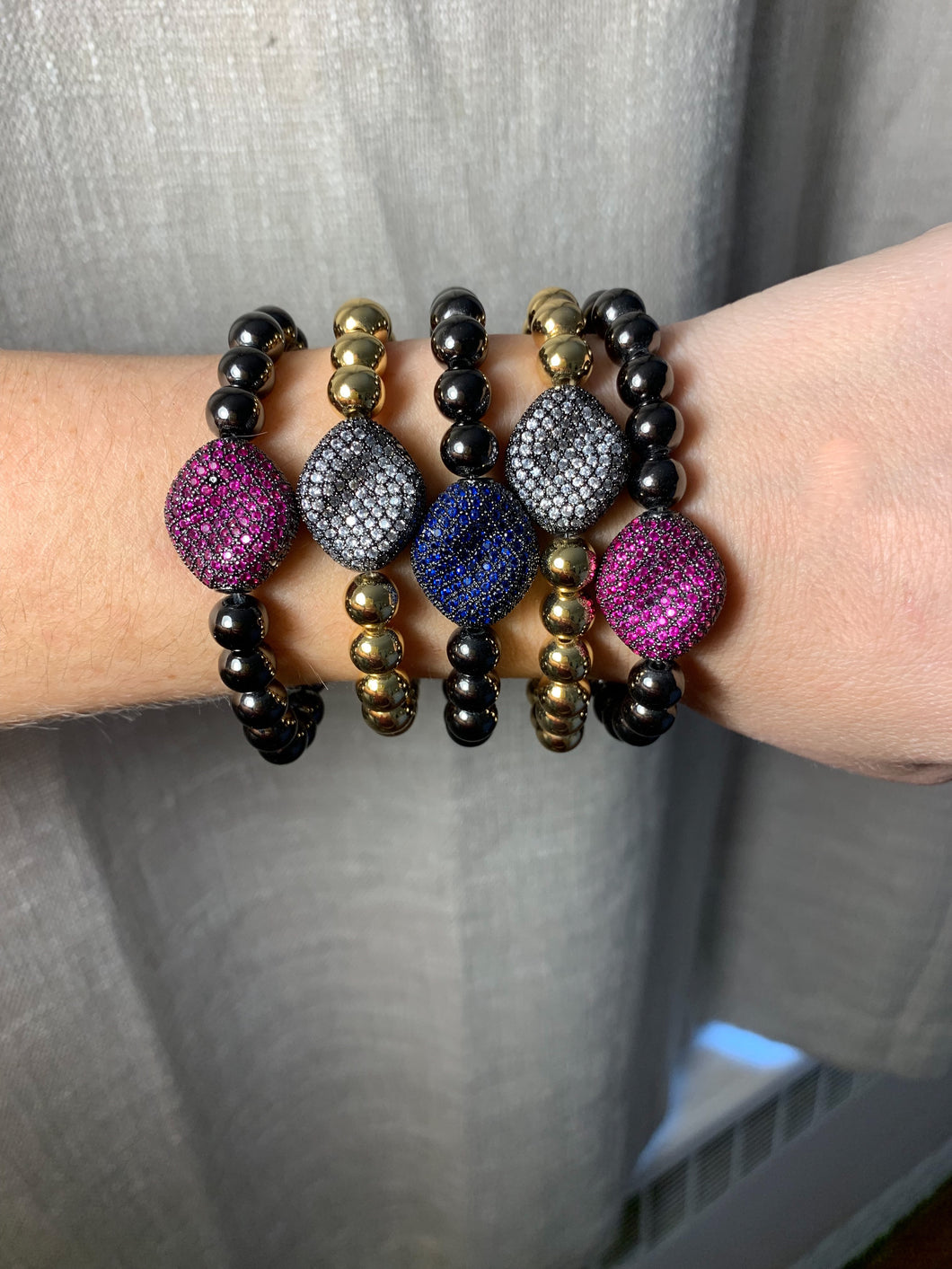 8MM Chunky Beaded Bracelets with Pave Stone