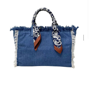 Denim tote wrapped handles