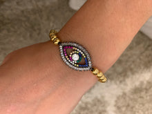 Load image into Gallery viewer, Gold Beaded Bracelet with Rainbow Evil Eye